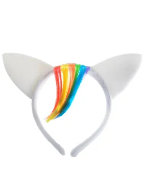 Fuzzy White Unicorn Ears with Rainbow Fringe Headband