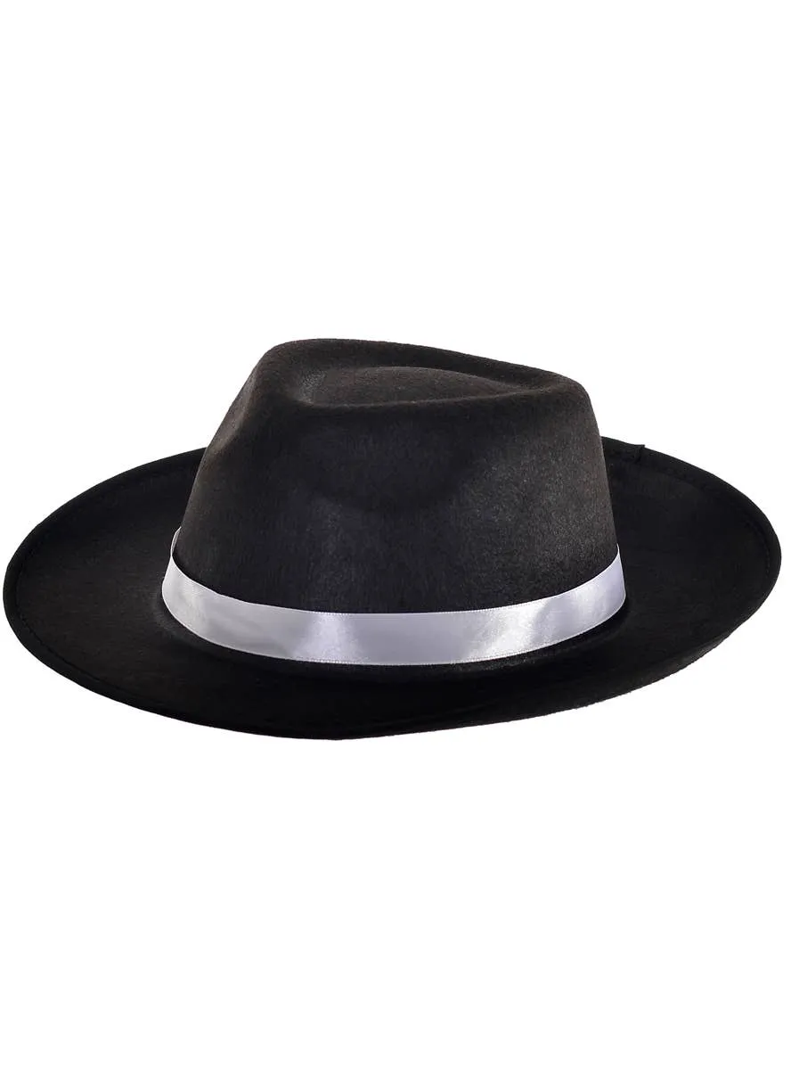 Gangster Black Fedora Costume Hat with White Band