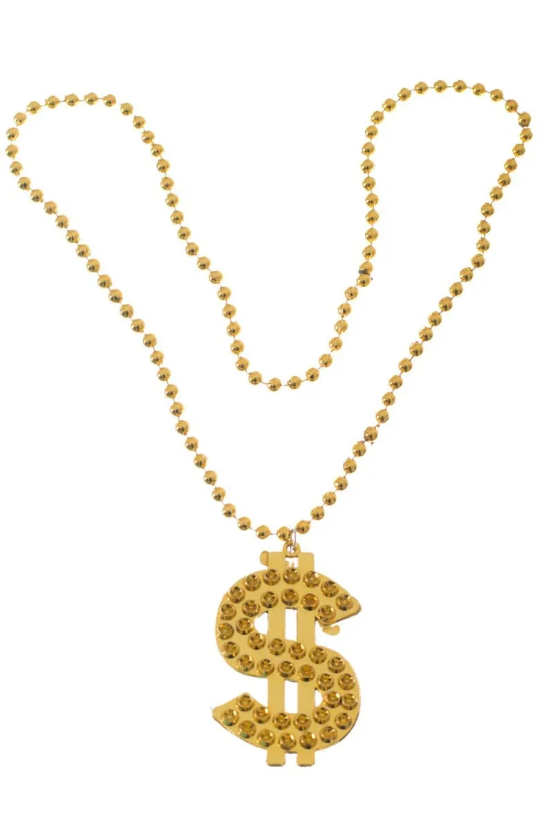 Gangster Gold Bling Beaded Dollar Sign Costume Necklace
