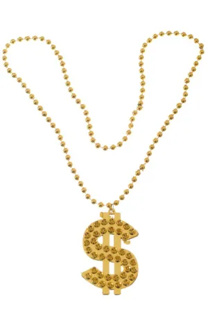 Gangster Gold Bling Beaded Dollar Sign Costume Necklace