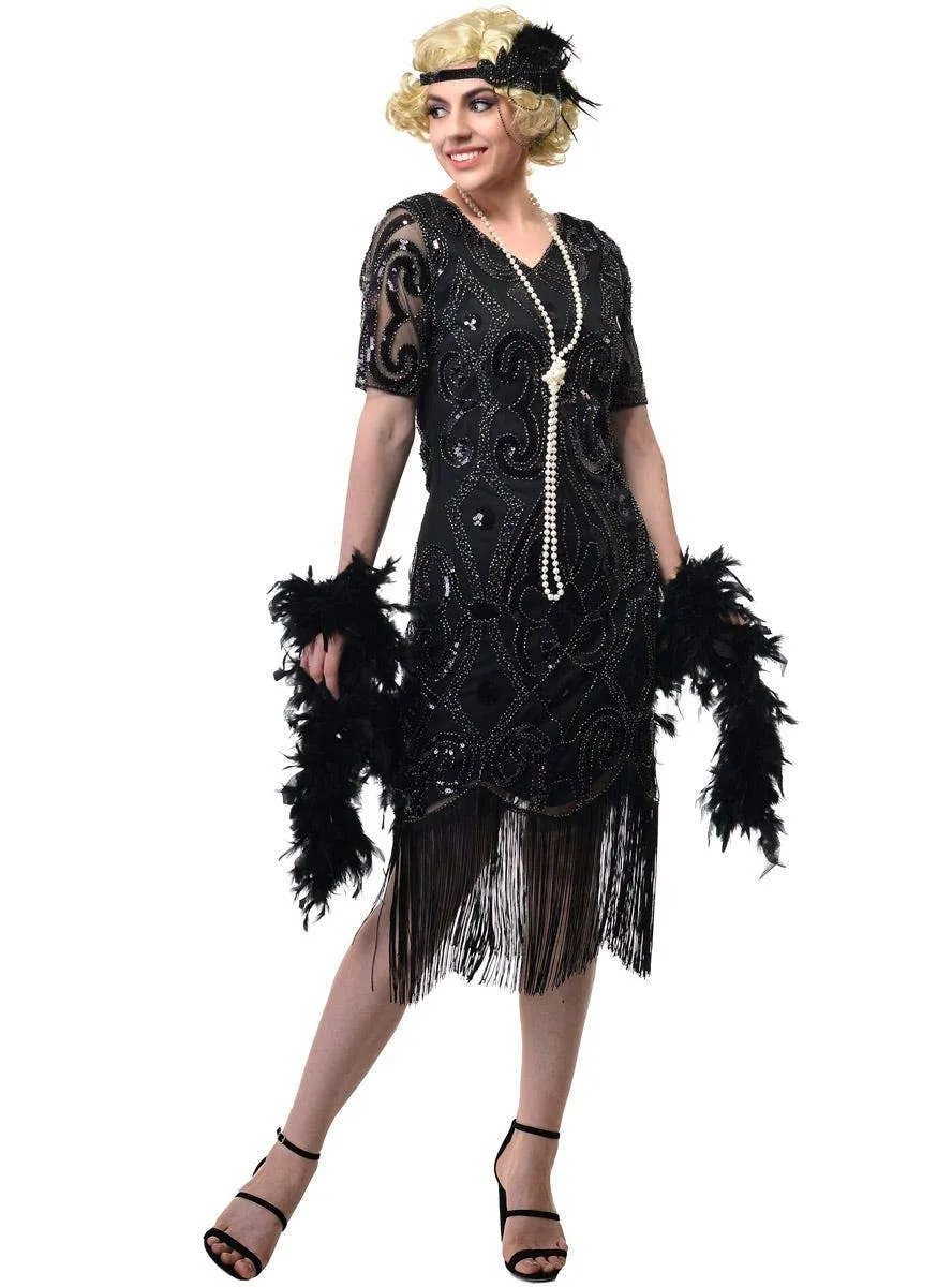 Gatsby Black Flapper Women's Costume Dress with Black Beads