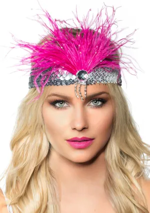 Gatsby Soft Pink Feather Flapper Headband with Silver Sequins