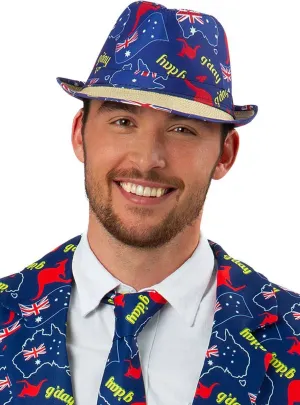 G'Day Blue Australian Print and Woven Straw Trilby Hat
