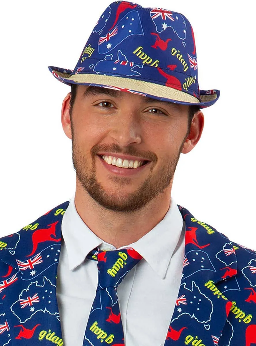 G'Day Blue Australian Print and Woven Straw Trilby Hat