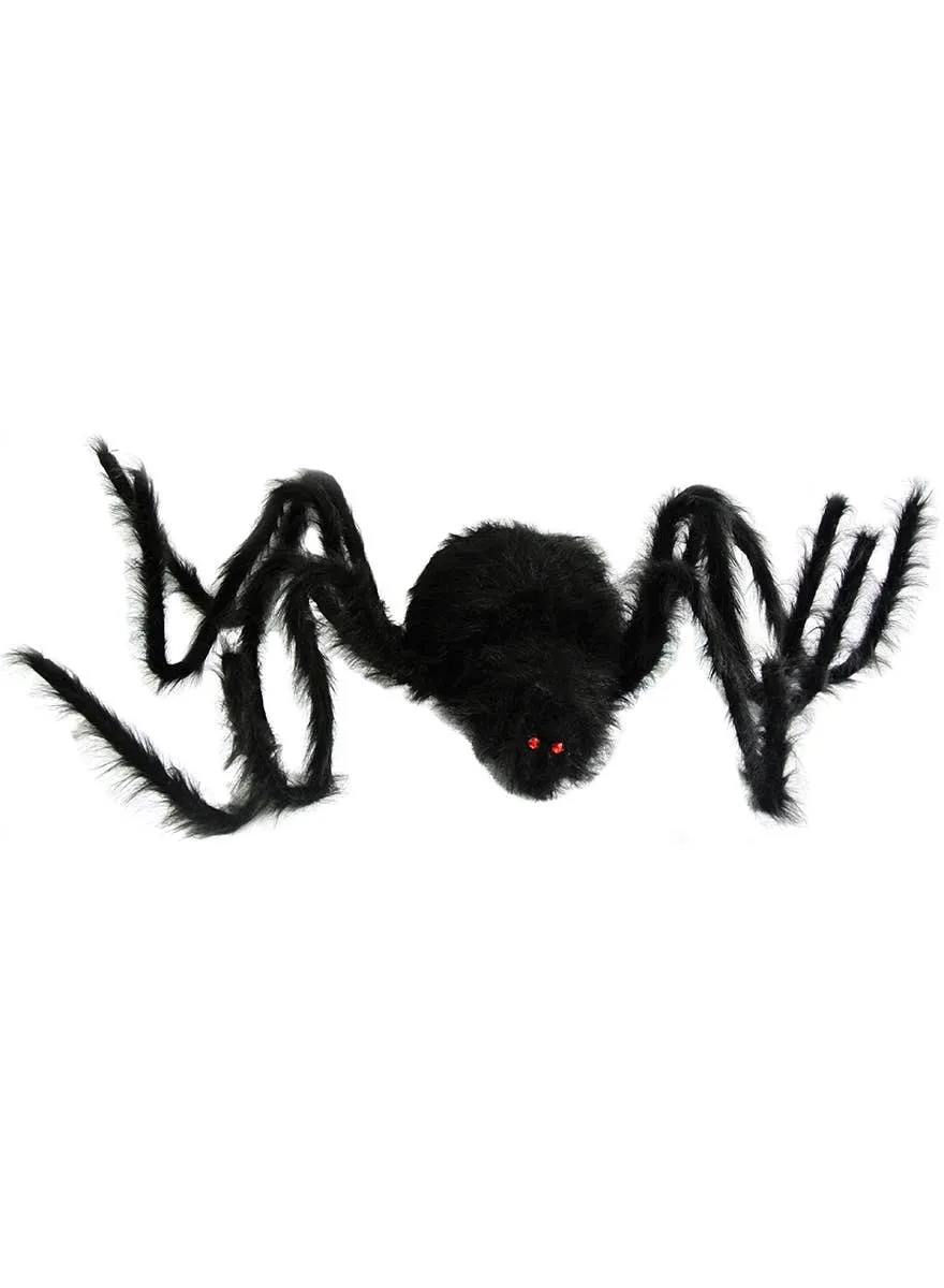 Giant Black Fuzzy Spider Halloween Decoration with Red Eyes