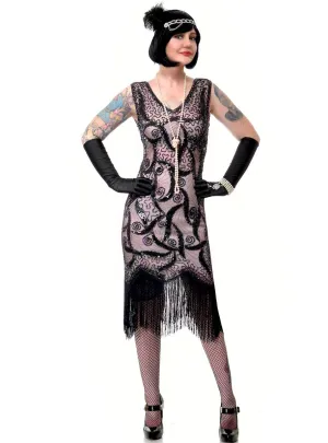 Glam Pink and Black Sequin Womens 1920s Gatsby Costume