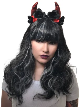 Glamour Red and Black Devil Horns Headband with Roses