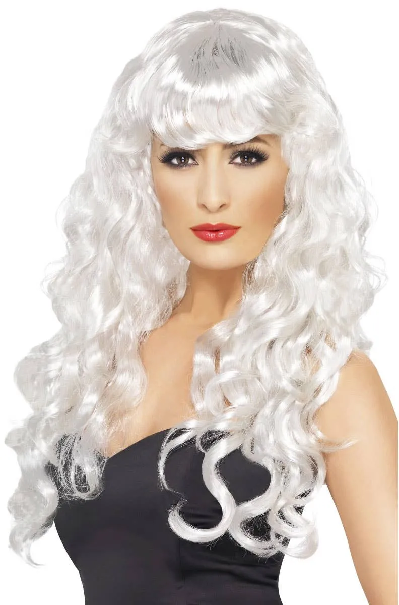 Glamour Siren Womens Long White Curly Wig