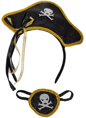 Glitter Black and Gold Pirate Headband and Eye Patch Set