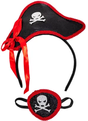 Glitter Black and Red Pirate Headband and Eye Patch Set
