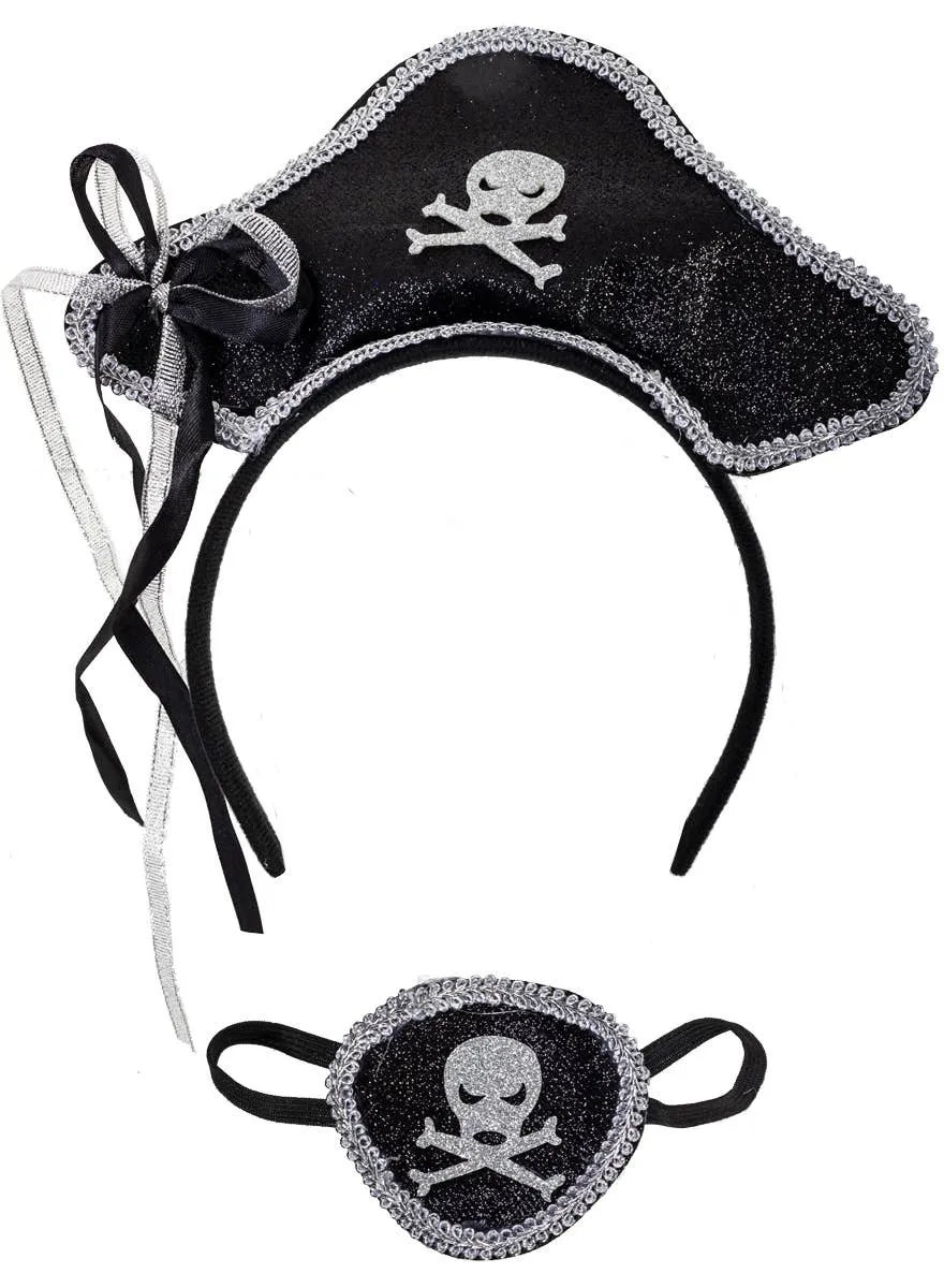 Glitter Black and Silver Pirate Headband and Eye Patch Set