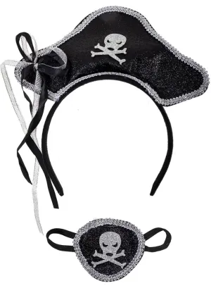 Glitter Black and Silver Pirate Headband and Eye Patch Set