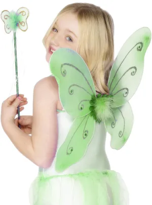 Glitter Butterfly Kids Green Wings and Wand Set