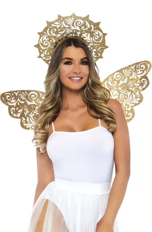 Glitter Gold Angel Halo And Wings Costume Accessory Set