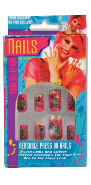 Glitter Tip 1980s Colourful Fake Nails with Gems