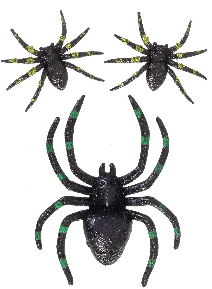 Glittery Black and Green Spiders Halloween Decoration