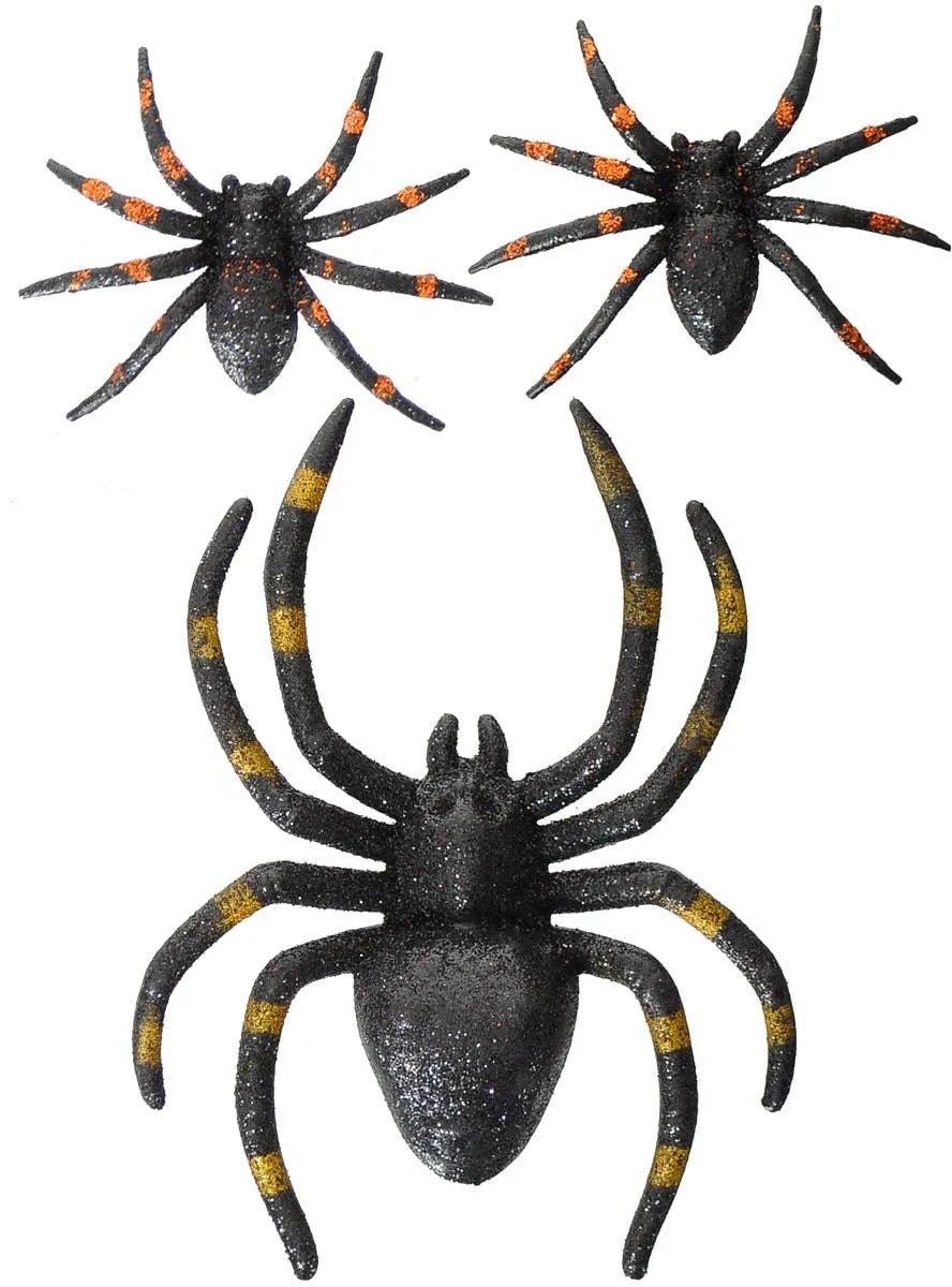 Glittery Black and Orange Spiders Halloween Decoration