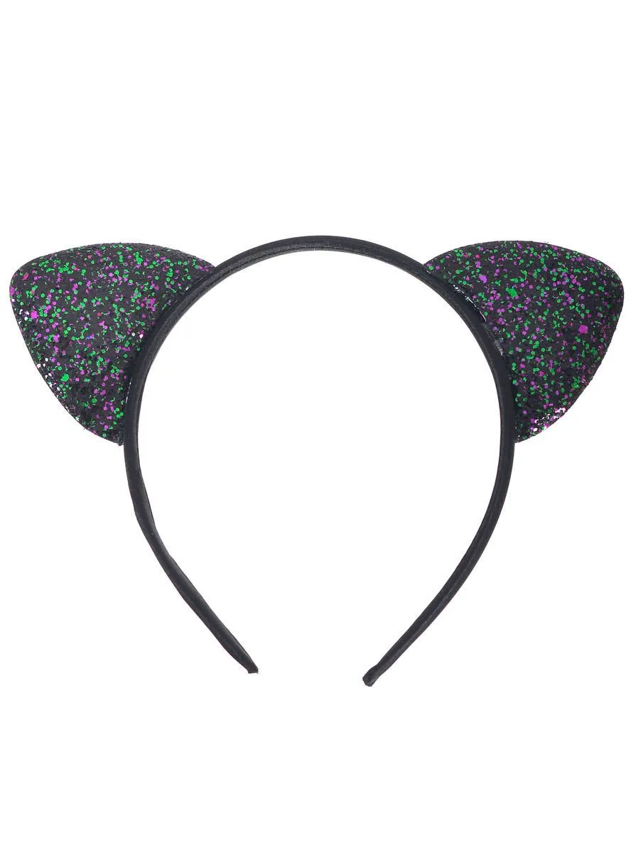 Glittery Black Green and Purple Cat Ears Costume Headband