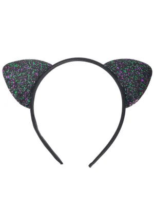 Glittery Black Green and Purple Cat Ears Costume Headband