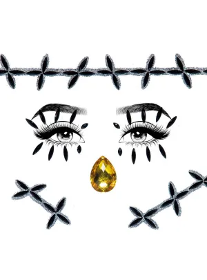 Glittery Black Stick On Stitch Patterned Halloween Face Jewels