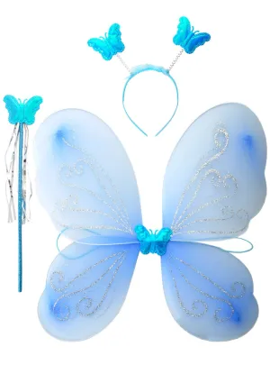 Glittery Blue Butterfly Girls 3 Piece Fairy Accessory Set