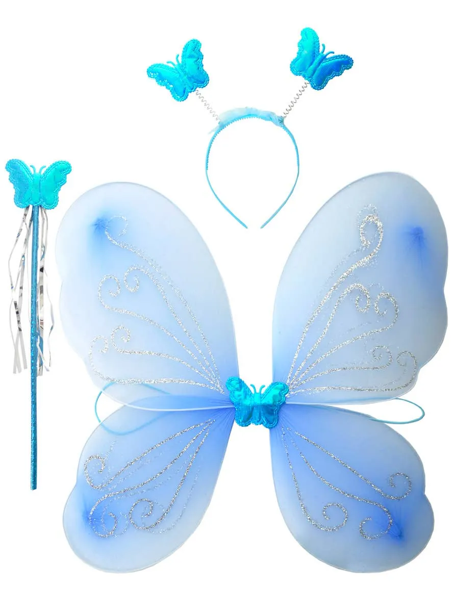 Glittery Blue Butterfly Girls 3 Piece Fairy Accessory Set