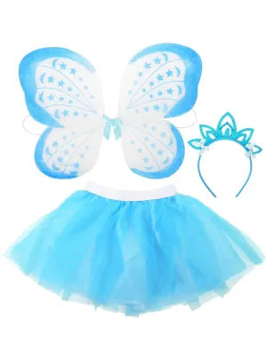 Glittery Blue Fairy Tutu Wings and Headband Costume Set