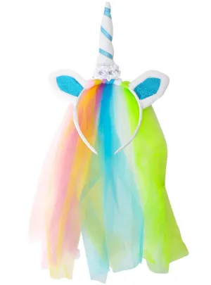 Glittery Blue Unicorn Horn Costume Headband with Veil