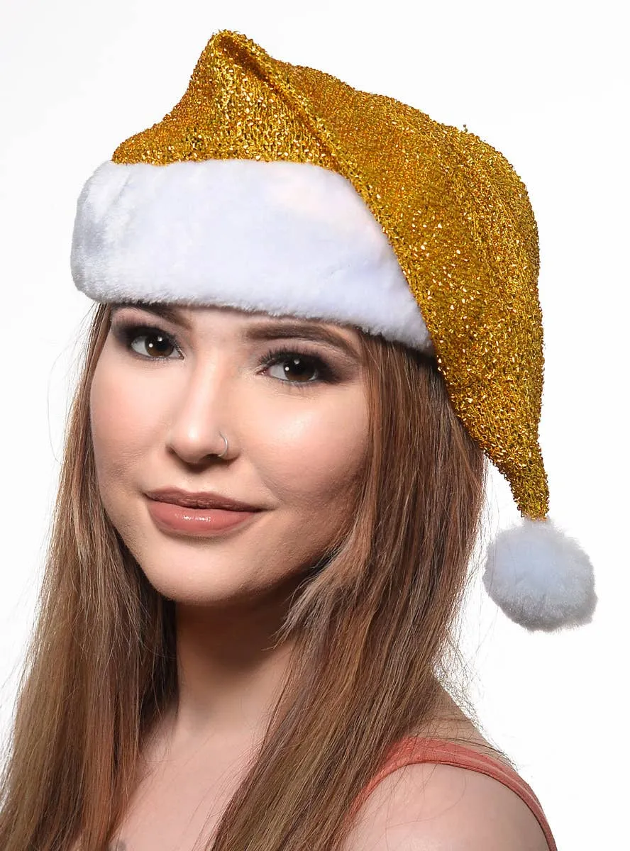 Glittery Gold Santa Hat with White Pom Pom