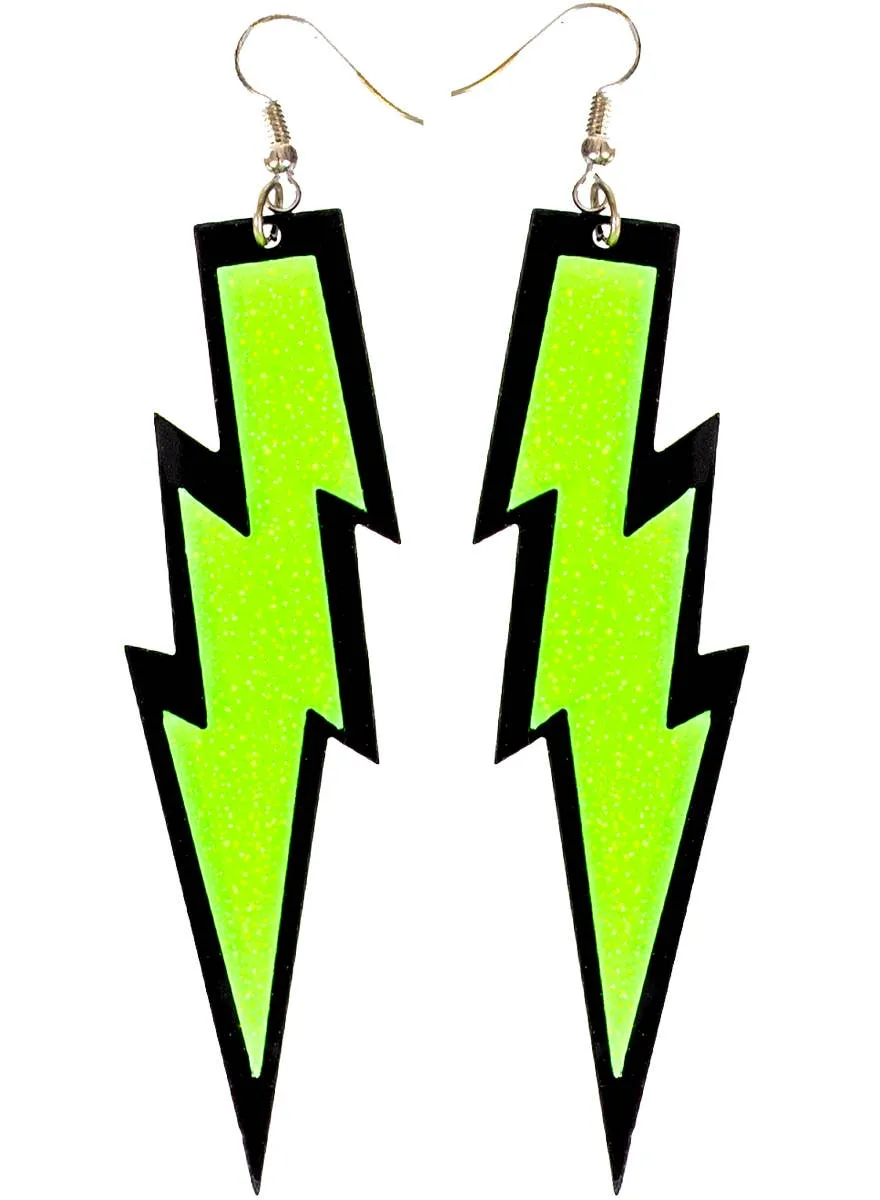 Glittery Green 80s Lightning Bolt Costume Earrings