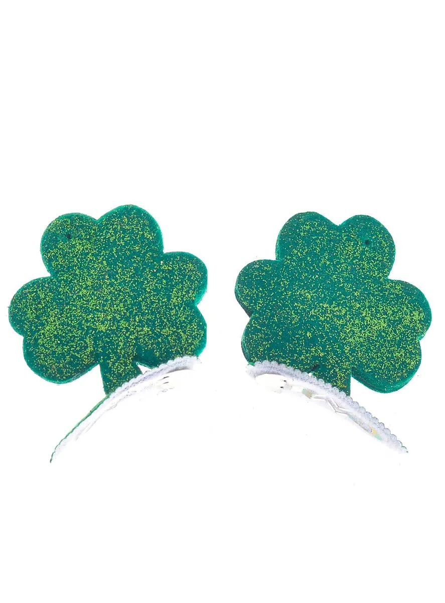 Glittery Green Four Leaf Clover St Patrick's Day Hair Clips