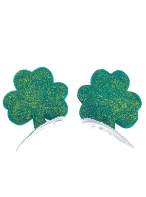 Glittery Green Four Leaf Clover St Patrick's Day Hair Clips