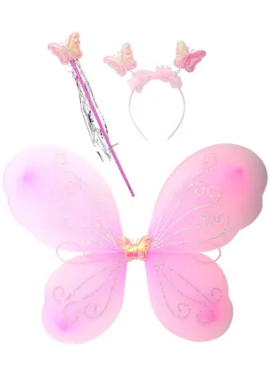 Glittery Pink Butterfly Girls 3 Piece Fairy Accessory Set