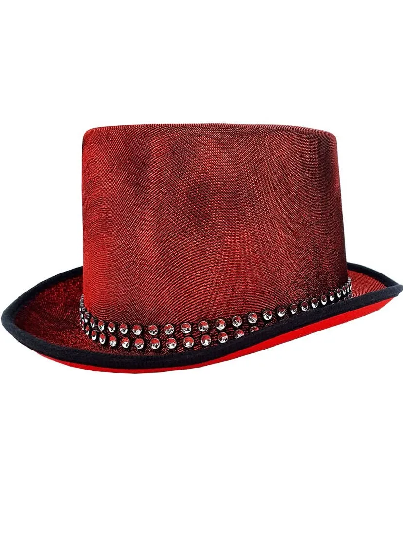 Glittery Red Lurex Top Hat with Rhinestone Band