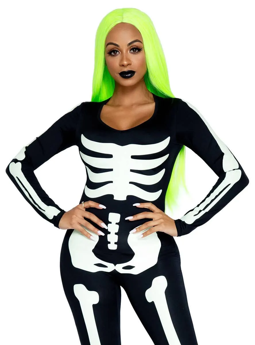 Glow in the Dark Womens Skeleton Catsuit Costume