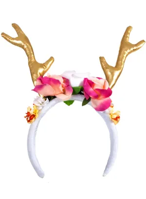 Gold Antlers Costume Headband with Pink Flowers