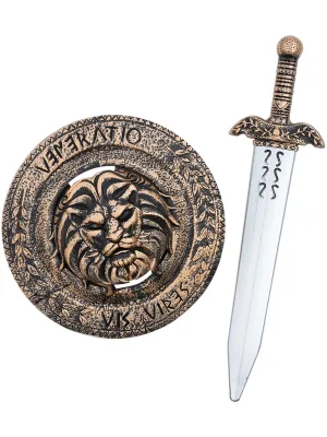 Gold Lion Roman Gladiator Shield and Sword Accessory Set