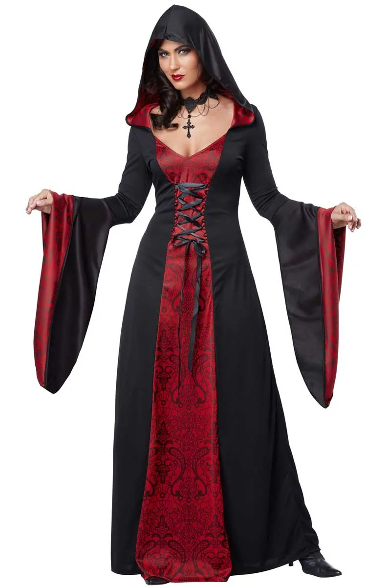 Gothic Black and Red Hooded Robe Womens Halloween Costume