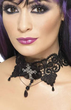 Gothic Black Lace Choker with Jewelled Cross