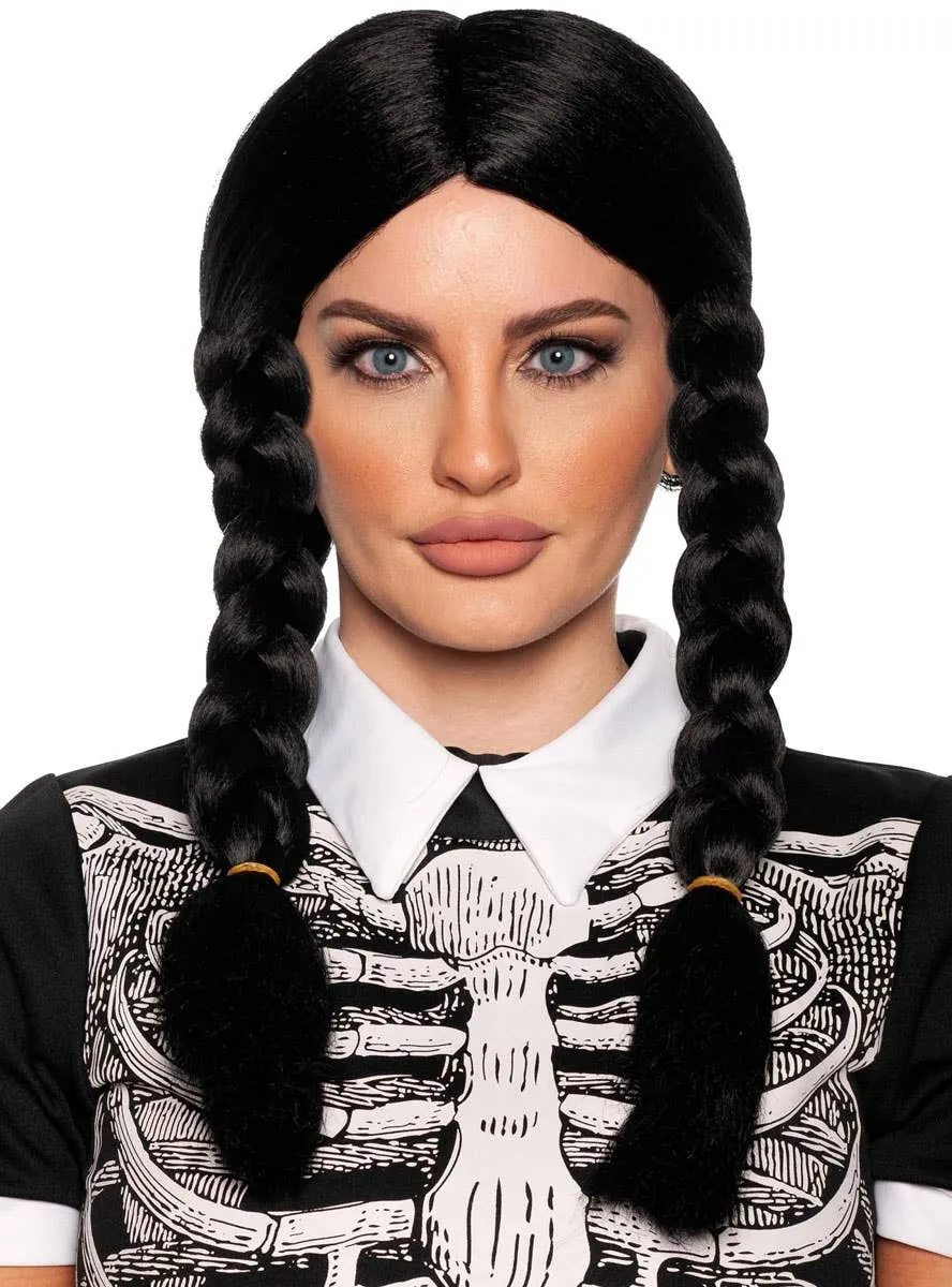 Gothic Black Plaits Wednesday Addams Womens Costume Wig