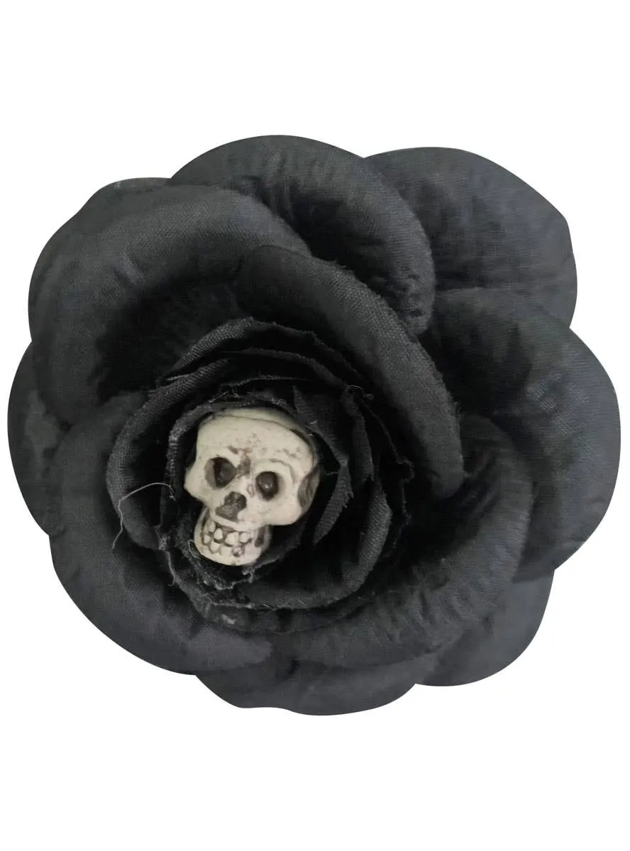 Gothic Black Rose Hair Clip with Skull Halloween Accessory