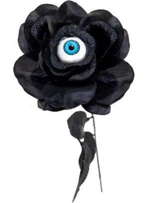 Gothic Black Single Stem Rose with Eyeball Halloween Accessory