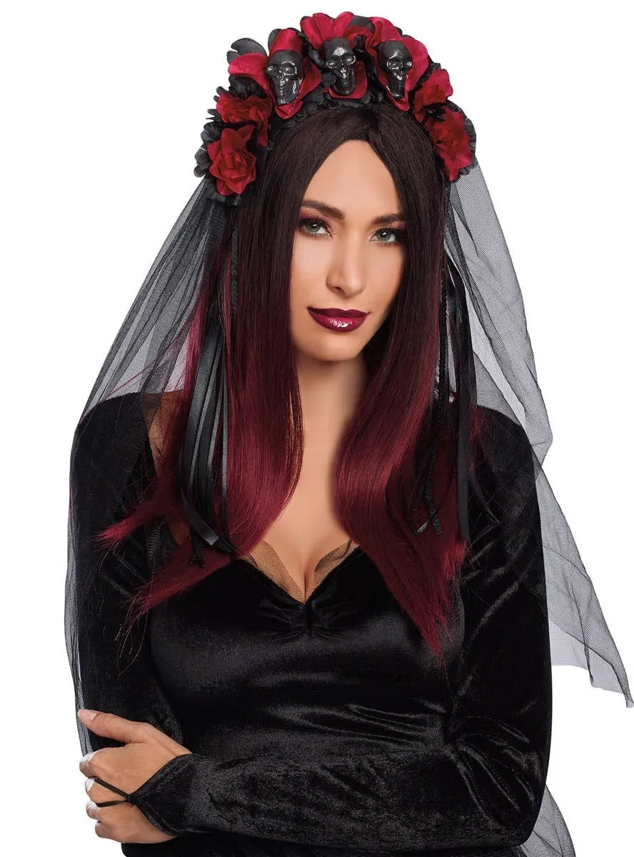 Gothic Black Veil Headband with Red and Black Roses