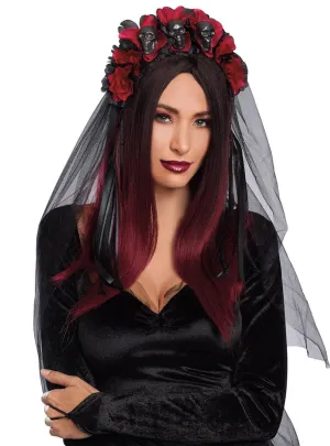 Gothic Black Veil Headband with Red and Black Roses
