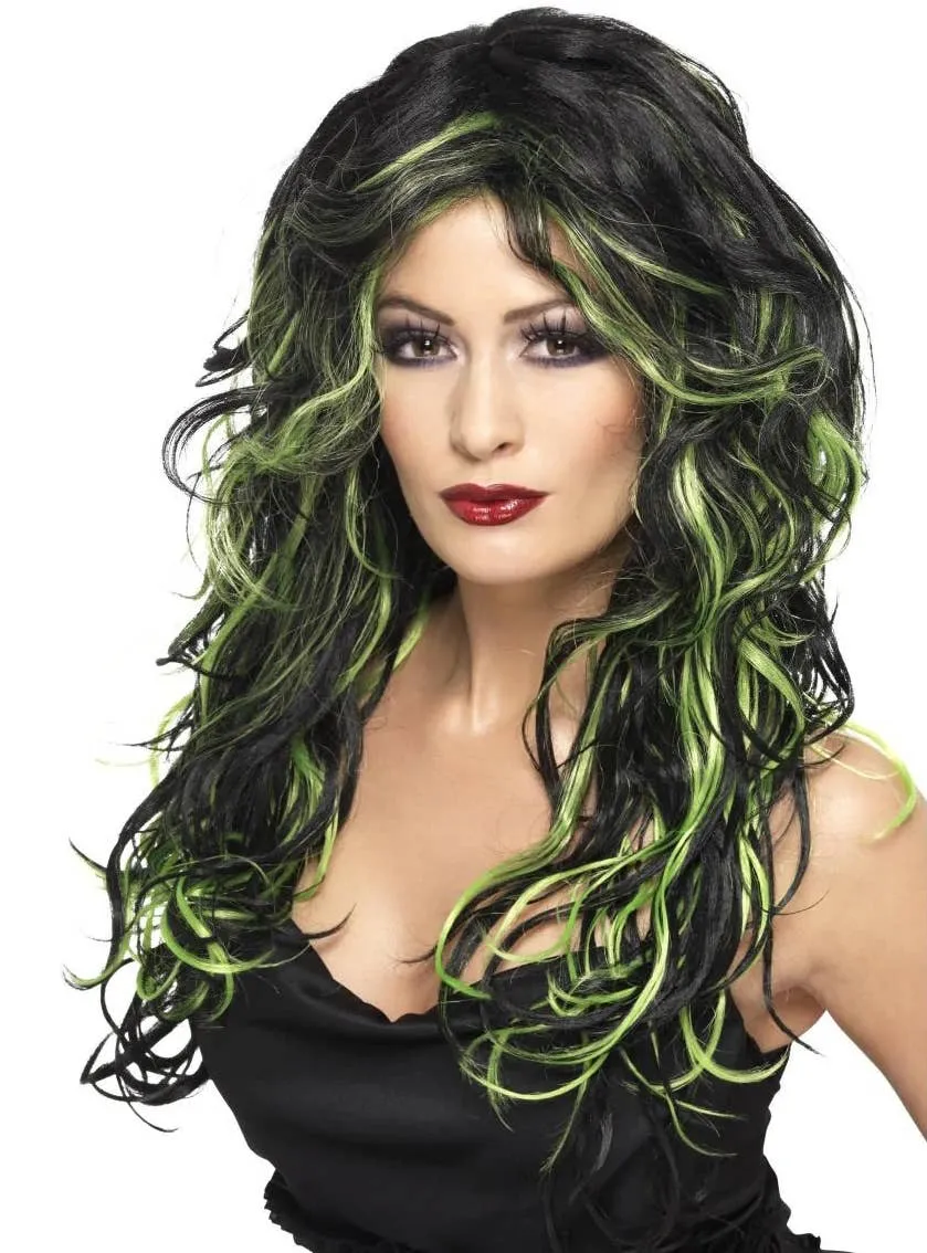 Gothic Bride Womens Black and Green Halloween Costume Wig