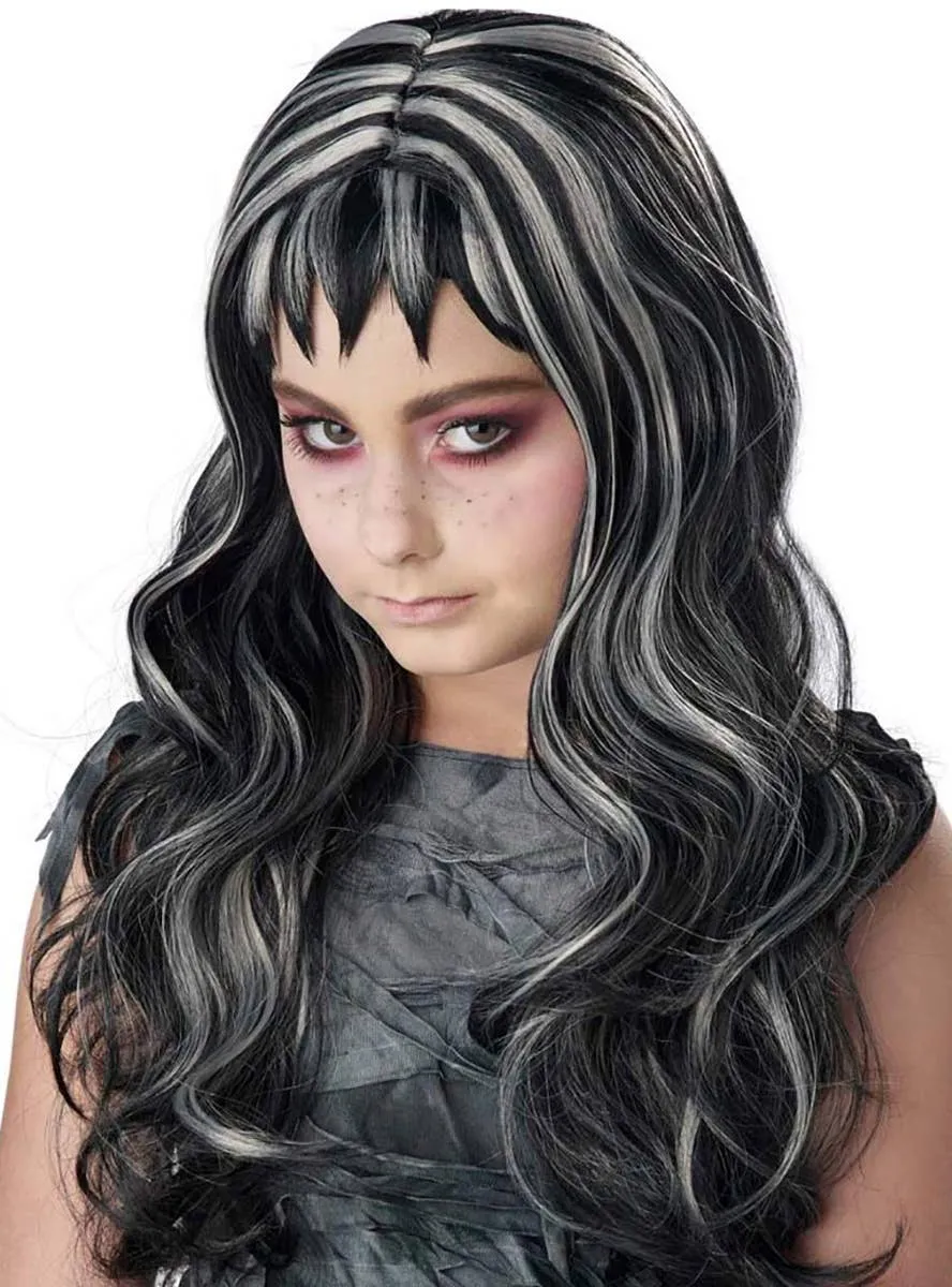 Gothic Girls Black and Grey Streaks Halloween Costume Wig