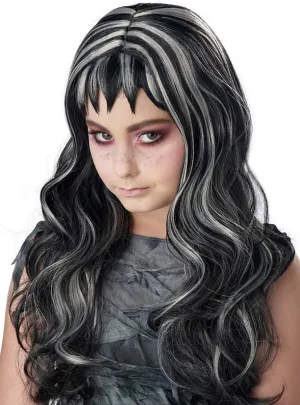 Gothic Girls Black and Grey Streaks Halloween Costume Wig