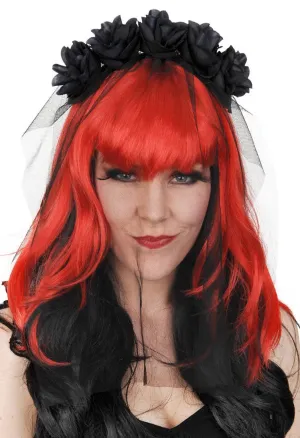 Gothic Maiden Black Flower Headband with Veil