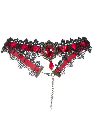 Gothic Red and Black Lace Choker Necklace with Red Jewel
