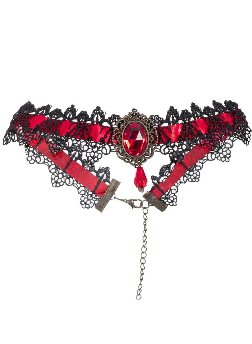 Gothic Red and Black Lace Choker Necklace with Red Jewel